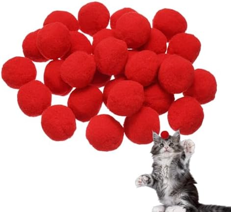 Cat Toy Pom Ball, Interactive Cat Ball Toys Fuzzy Pompoms (Plush, 1.2Inch, 30Pcs, Bright Red) for Kittens Pet Enrichment Training Play Indoor