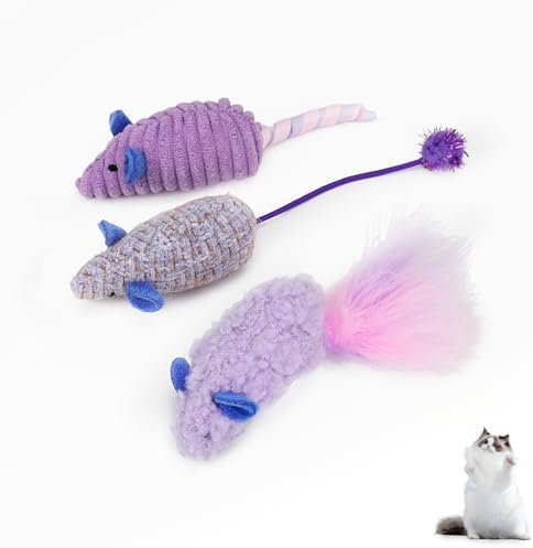 Andiker 3PCS Cat Mouse Toys, Colorful Catnip Toys for Cats with Rattle Box Ribbon Feather Interactive Cat Toys for Indoor Cats to Chew Bite Teeth Cleaning (Purple)