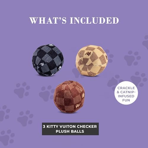 Haute Diggity Kitty Vuiton Checker Balls Set, Soft Plush Cat Toys