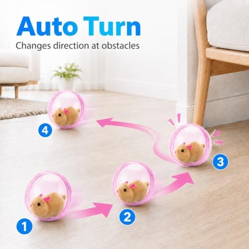 Self Rolling Interactive Cat Ball, Automatic Moving Cat Toy with Plush Animal Inside, 360° Rolling Cat Chasing Ball with Transparent Ball for Cats Dogs Small Pets (Pink,Brown Mouse)