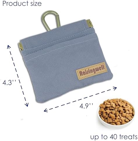 Raisingwell Dog Treat Pouch, Small Cotton Pocket Sized Training Holder, Hand Free Walking Fanny Bag with Carabiner, Self-Closing Pet Feed Snack Reward, Behavior Aids for Puppy Travel or Outdoor (Grey)