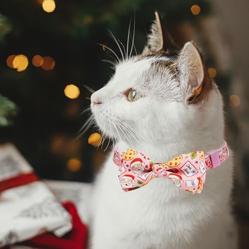 Christmas Cat Collar 2-Pack - Cute Santa & Cookies Holiday Collars with Removable Bow Tie & Bell, Adjustable Breakaway Safety Buckle for Kitties Kittens (Pink & Blue)