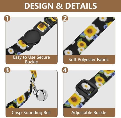 Sunflowers Black Dog Collar 2 Pack Collars for Puppies Adjustable 10.6 to 17.1 Inches