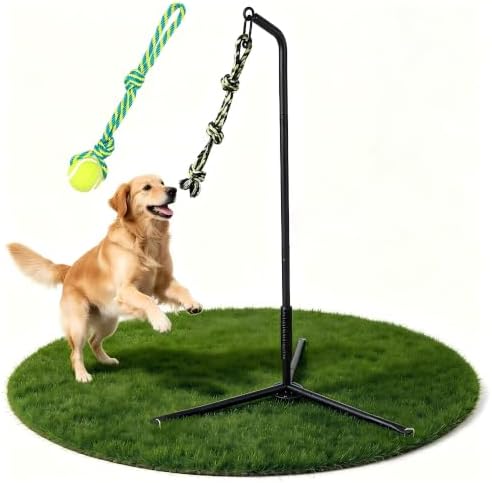 PAWISE Tether Tug Dog Toy for Yard with 2 Accessories (Tug Rope & Ball), Outdoor Spring Pole Adjustable Height 28.3"-40.6", Self Play Interactive Toy for Small Medium Large Dogs