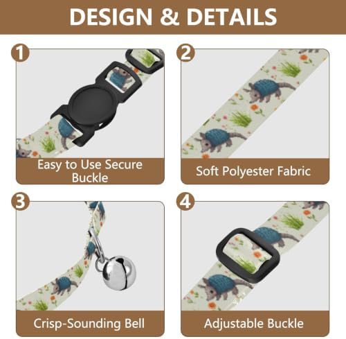 Cute Armadillos Lightweight Pet Collar for Cats and Dogs, 2 Pack Collar with Bell for Dog Puppy