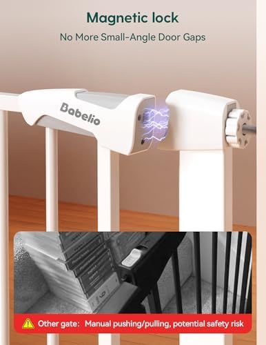 Babelio 29-43" Magnetic Baby Gate for Stairs,Doorways House,Kitchen,30" Tall Pet Door with Baffles,Pressure Mounted & Dual-Lock Design Safety for Kids Toddler,Auto-Close/Hold-Open,White