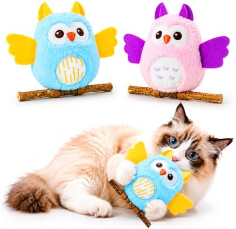 DODODOLA 2 PCS Interactive Cat Toys for Indoor Cats Owl Kitten Toys with 100% Pure Organic Catnip and Movable Silvervine Sticks Kittens Kitty Anxiety Relief Soft Cute Teething Chew Toys (Blue+Pink)