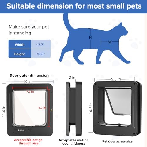 Smart Cat Door for Interior & Exterior, Cat Pet Door with 3 Collar Sensor Keys & 1 Remote Control & 4 Way Locking Cat Flap with RFID Collar Activated Opening