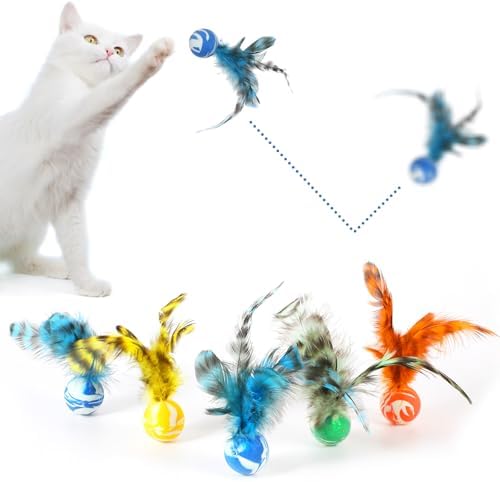 5 Pcs Bouncy Balls for Cats Chasing- Cat Feather Toy with Natural Feather