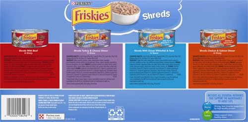 Friskies Purina Gravy Wet Cat Food Variety Pack, Savory Shreds with Beef, Turkey and Cheese Dinner, Chicken & Salmon Dinner, with Ocean Whitefish & Tuna - 5.5 oz. Cans (Pack of 64)