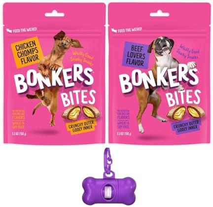 Bonkers Bites Dog Treats, Crunchy Outer, Gooey Inner 5.3 oz Resealable Bag, 2 Pack - 1 Chicken Chomps, 1 Beef Lovers Flavor Plus Bone Shaped Waste Bag Dispenser & Free Roll