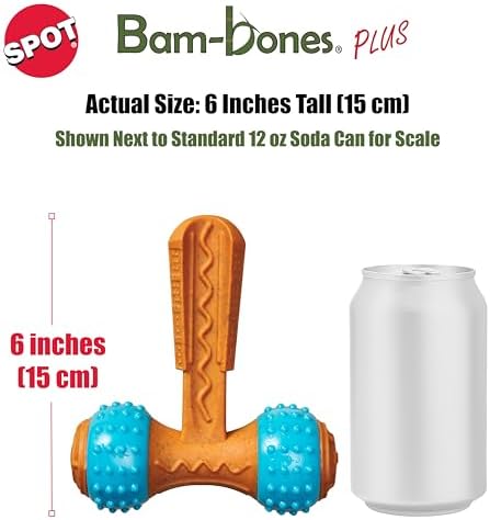 SPOT Bam-Bones Plus Gigglers T-Barbell Durable Dog Chew Toy with Sounds, Bamboo Fiber & Nylon with Rubber Ends, Peanut Butter Flavor, Non-Splintering, for Heavy Chewers & Dogs Under 60 Lbs, 6 Inch