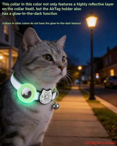 Cat Collar with AirTag Holder, QR Code Tag and Bell (Neon Green)