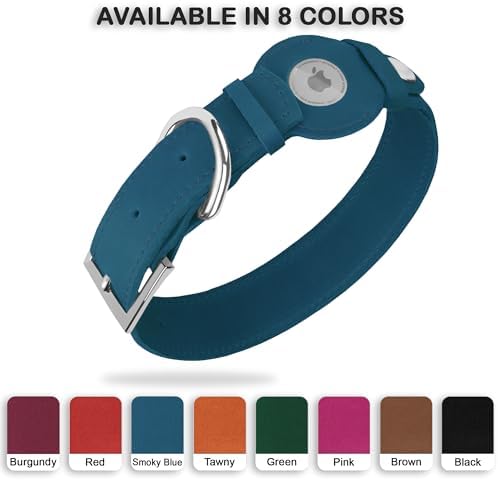 Leather Dog Collar with Airtag Holder - Apple Air Tag Dog Collars - Soft Tracking GPS Pet Collar for Small Medium Large Dogs Breed Puppy (Smoky Blue, XL, 19"-24" Neck Fit)