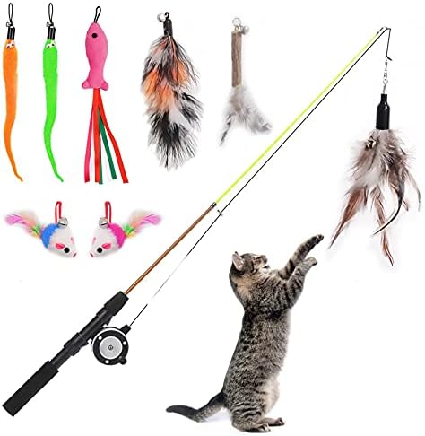 Retractable Cat Teaser Wand Toy, Cat Toys for Indoor Outdoor Cats Interactive Fishing Rod with 8 Pcs Refills Feather Toy, Plush Mouse Caterpillar & Fish
