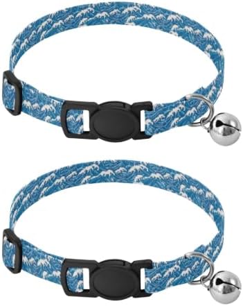 Blue Ocean Waves Comfortable Cat Collar, 2 Pack Bell Collar for Small Dogs