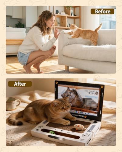 Cat Laptop Scratcher, Corrugated Cardboard Cat Laptop Toy with Plush Mouse Jingle Ball, Interactive Scratch Pad Pro Laptop for Cats