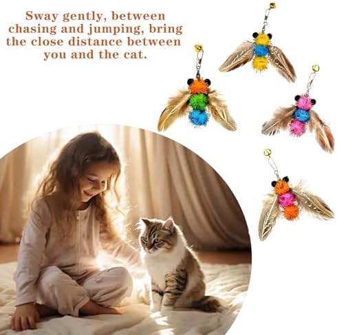 LWINGFLYER 4 PCS Cat Feather Toys Refill Insect Bee,Feather Cat Toys, Kitty Wand Toy Refill,Cat Toy Wand Replacement Attachments,Interactive Cat Toys for Indoor Cats