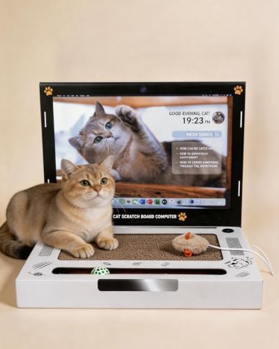 Cat Laptop Scratcher, Corrugated Cardboard Cat Laptop Toy with Plush Mouse Jingle Ball, Interactive Scratch Pad Pro Laptop for Cats