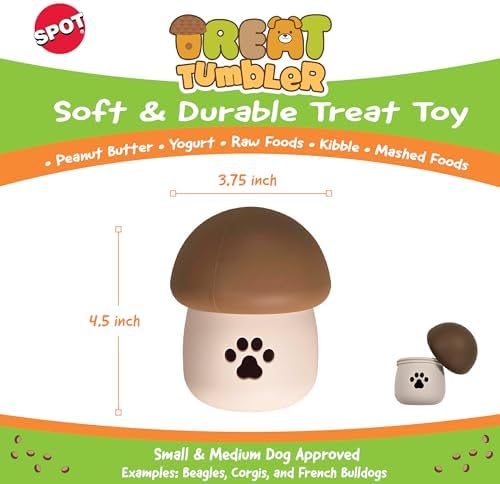SPOT Treat Tumbler Mushroom – Freezable & Fillable Treat Dispensing Dog Toy for Small & Medium Dogs, Silicone, Easy to Clean, Interactive, Holds Small Kibble & Soft Snacks, 4.5 in