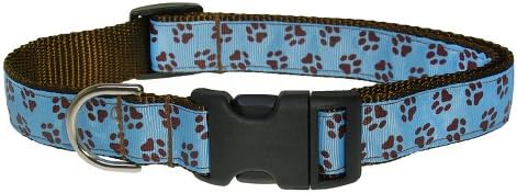 Large Blue/Brown Puppy Paws Dog Collar: 1" Wide, Adjusts 18-28" - Made in USA.