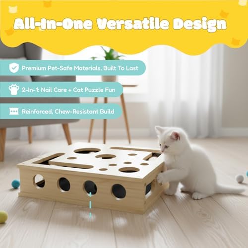 Cat Nail File Enrichment Box - Wooden Scratch & Puzzle Toy with 3 Bell Balls, Sandpaper Pad for Indoor Cat Claw Grinding, Mental Stimulation and Boredom Relief