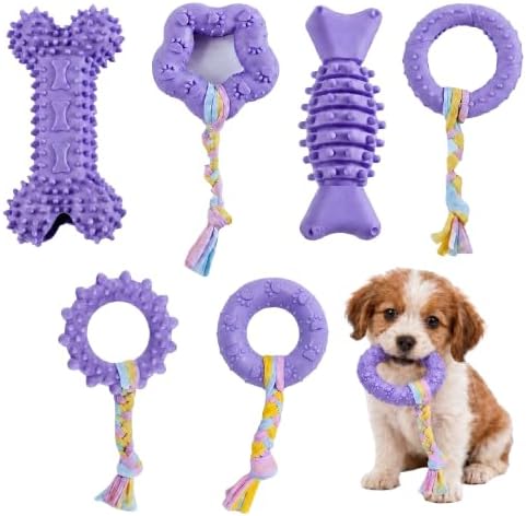 Puppy Chew Toys, 6 Pack Puppy Teething Toys for Small Breed, Soft Rubber Cute Purple Dog Toys, Eco-Friendly, Teeth Cleaning Interactive for Small Dogs (Basket not Included)