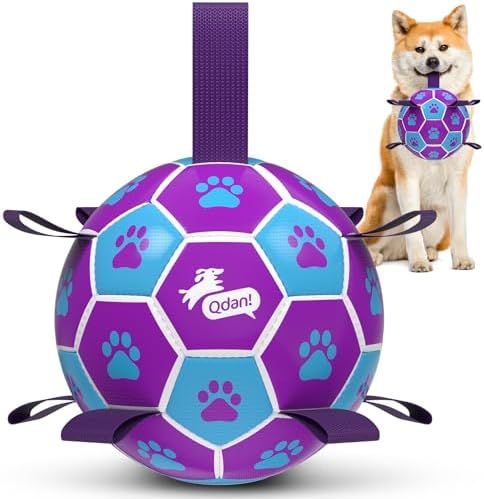 QDAN Dog Ropes Toys, Soccer Ball with Straps, Tug of Toy, Dog Birthday Toy