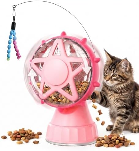 Interactive Cat Toy Ferris Wheel Treat Dispenser - Slow Feeder Puzzle Toy with Strong Suction Cup & Teaser Wand - Mental Stimulation Enrichment Toys for Indoor Cats & Kittens