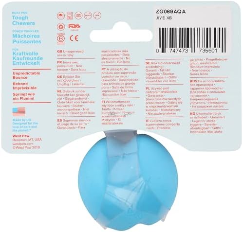 WEST PAW Zogoflex Jive Ball Dog Chew Toy – Bouncing Toys for Dogs, Fetch, Catch, Chewing, Play – Floatable, Recyclable Balls – Latex-Free, Non-Toxic, Dishwasher Safe Dog Toy, X-Small 2", Aqua Blue
