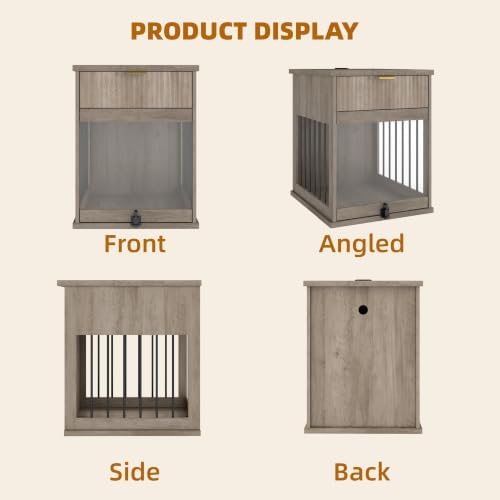 Dog Crate End Table with Charging Station, Wooden Dog Kennel Furniture with Hideaway Tempered Glass Door, Multi-Functional Pet Station Side Table with Storage Drawer (Antique Grey)
