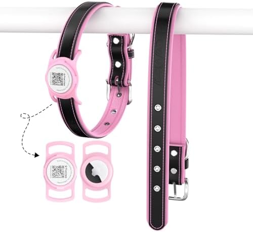Leather Dog Collar with AirTag Compatible Holder & QR ID, Pink, M
