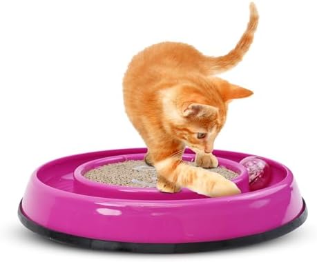SPOT Rockin’ Cat Scratcher Toy – Interactive LED Light-Up Ball Cat Toy, Corrugated 5-Inch Cardboard Scratching Pad with Catnip Bag for Claw Care & Play, Non-Slip Rubber Base, 10-Inch, 1-Piece