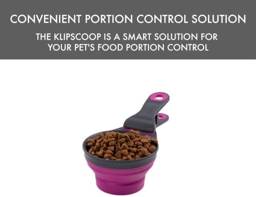 Dexas Popware for Pets Collapsible Klip Scoop, 3-in-1 Pet Food Scoop, Measuring Cup and Bag Clip, 1 Cup Capacity, Fuchsia
