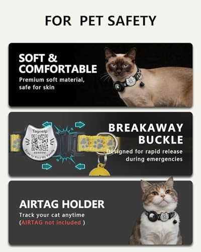 Cat Collar with AirTag Holder, QR Code Tag and Bell (Blue, Paw Pattern)