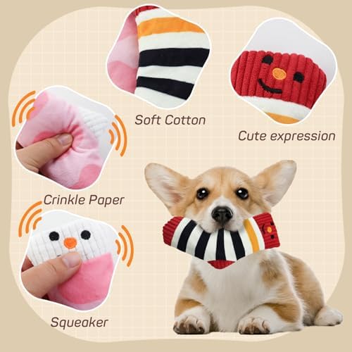 Andiker Squeaky Dog Toys, Cute Sock Shape Dog Chew Toys with Squeaker Crinkle Paper Hidden Food Hole Interactive Dog Toys for Small and Medium Dogs Chewing Teeth Grinding Playing (Red)