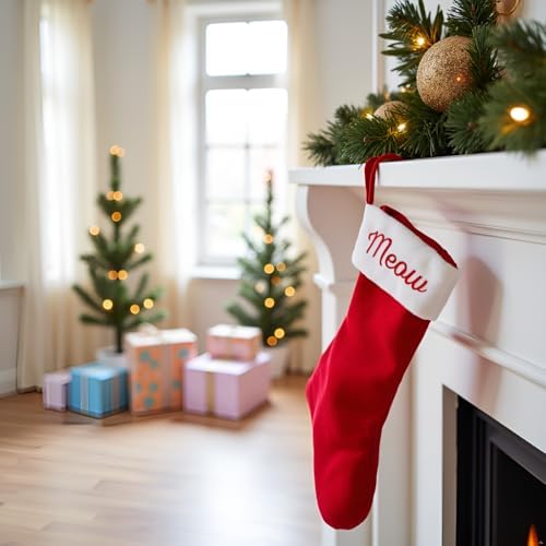 Pearhead Meow Cat Christmas Stocking, Plush Red Pet Holiday Stocking with Sherpa Cuff, Classic Cat Stocking for Treats, Toys, and Pet Gifts