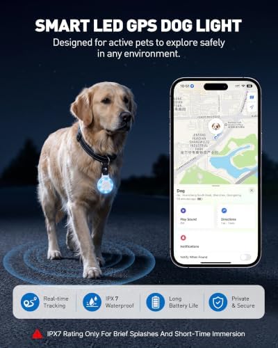 Pet Tracker for Dogs Cats, Location & LED Night Light Tag, No Monthly Fee | Compatible with iPhone, Compatible iOS, IPX7 Waterproof Collar Tag, 360-Day Battery, Paw Print Design, Lightweight 25g