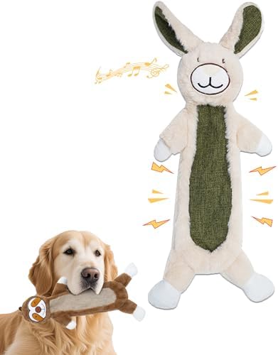 Squeaky Dog Toys for Small & Medium Breeds, Soft No Stuffing Interactive Puppy Teething Chewing Toy with Crinkle Paper, Best Birthday, Christmas, Halloween, Easter Gift, Flat Rabbit