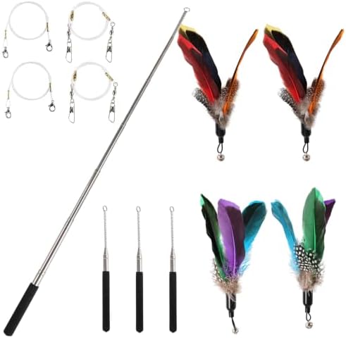 Cat Wand Attachments - Colorful Natural Feather Cat Toy Refills with Bells, Feather Wand Cat Toys for Compatible Teaser Wands (4feather+4wand)