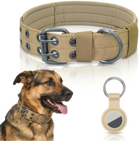 Tactical Nylon Dog Collar with Heavy-Duty Double-Hole Buckle, Breathable Anti-Choke Padding for Medium, Large, Extra Large Dogs - Include Smart Tag Case & 2 Sticky Patches