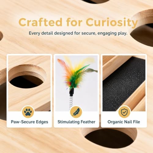 Cat Nail File Box, Solid Wood Scratch Puzzle Enrichment Toy, Hunting Play for Indoor Cats, Reduces Anxiety, Sharpens Claws Naturally