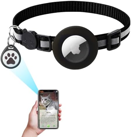 Airtag Cat Collar Breakaway With Apple Air Tag Holder, QR Code, Bell, ID Tag for Girl Boy Kitten - Reflective, Personalized Real-time Scan Alerts (Black)