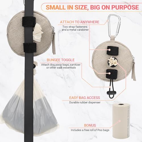 Dog Poop Bag Holder for Leashes- Dog Treat Pouch with Waterproof Zipper,Puppy Training Small Bag with Carabiner & Bungee Toggle,Two Pockets for Dry or Wet Treats-Pet Travel Walking Essentials (Khaki)