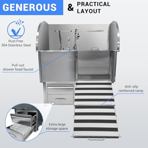 Professional Dog Grooming Tub, 50 in Stainless Steel Dog Wash Station With Foldable Ramp, Storage Drawer, Floor Grate & Faucet/Dog Bathtub for Large, Medium & Small Pets - Right Door (50 in )