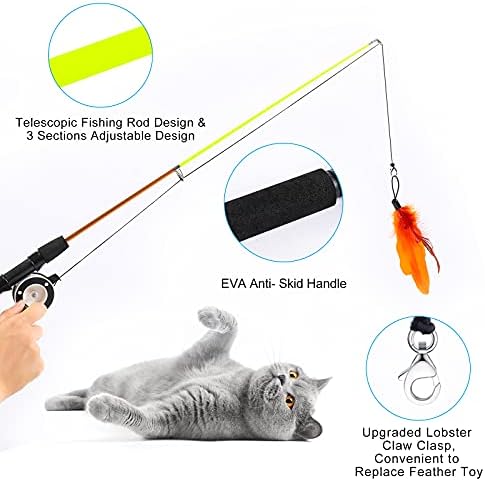 9 PCS Cat Fishing Pole Toy, Retractable Cat Feather Toys with Cat Wand Plush Fish Worm Feathers with Bells Catnip Interactive Cat Teaser Toys for Kitten Cat