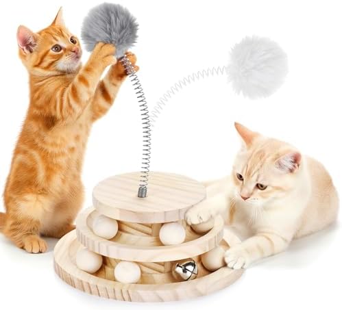 2-Tier Wooden Cat Ball Track Toy - Non-Toxic Cat Turntable with Removable Balls, Interactive DIY Circle Toy for Kittens & Cats Mental/Physical Exercise, Safe Natural Wood Kitty Roller