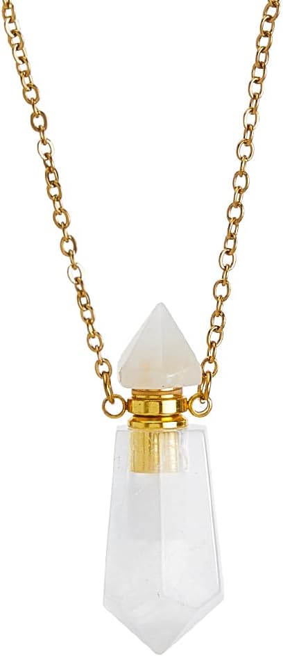 SUPERFINDINGS Natural White Quartz Stone Perfume Bottle Pendant Gemstone Crystal Perfume Bottle Essential Oil Necklace Diffuser Necklace Hexagonal Pointed Reiki Chakra Pendant for Woman Men