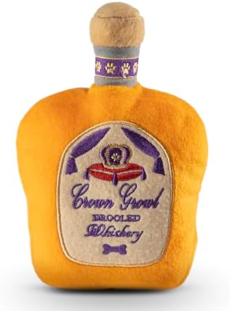 Dog Diggin Designs Crown Growl Plush Dog Toy Whisky Bottle | Luxury-Inspired Parody Whisky Bottle Dog Toy with Squeaker, Soft Plush Novelty Dog Toy – Shaken, Not Stirred!