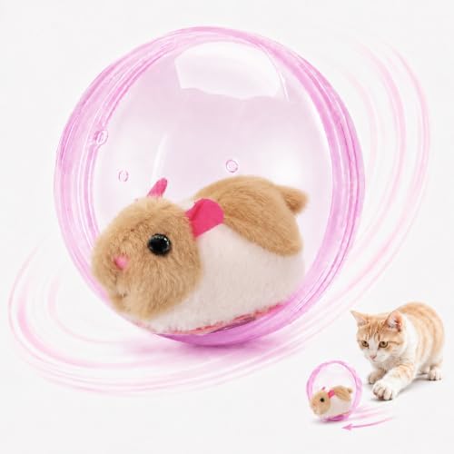 Self Rolling Interactive Cat Ball, Automatic Moving Cat Toy with Plush Animal Inside, 360° Rolling Cat Chasing Ball with Transparent Ball for Cats Dogs Small Pets (Pink,White/Brown Mouse)